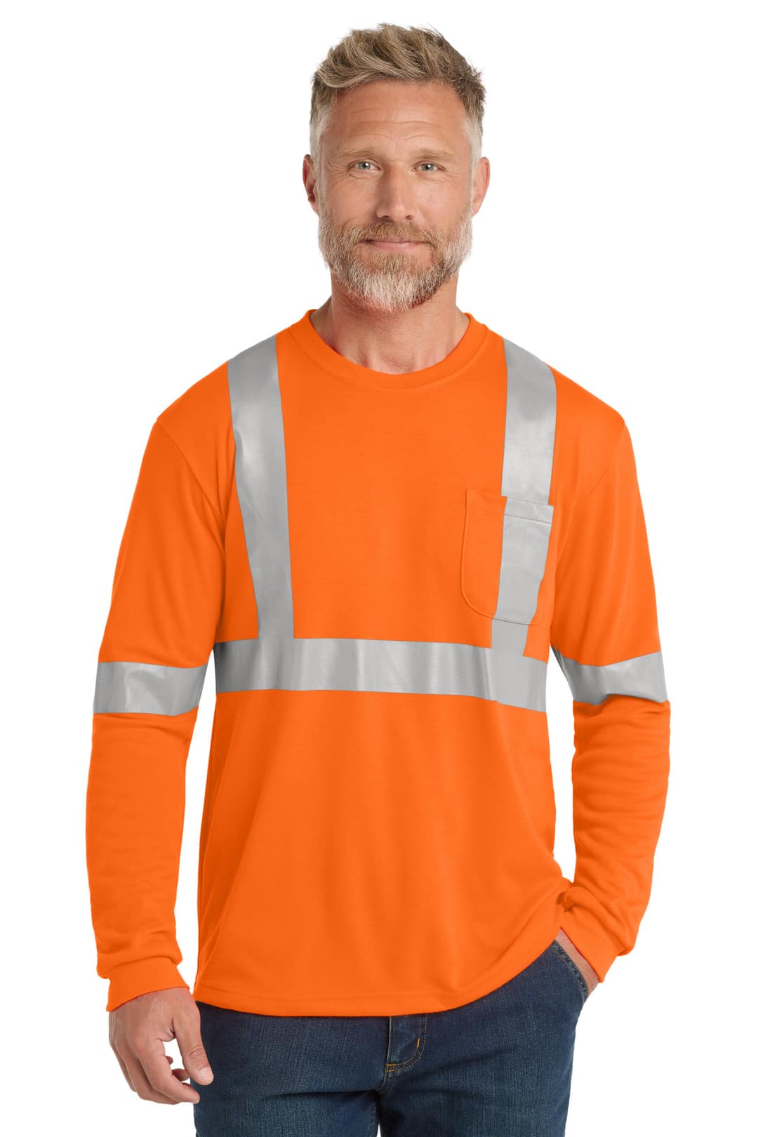 CornerStone CS401LS ANSI 107 Class 2 Long Sleeve Safety T-Shirt in Safety Orange/ Reflective, on model