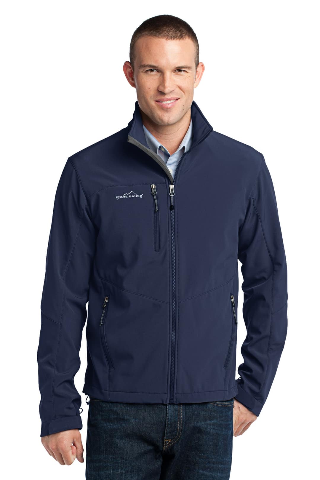 Eddie Bauer EB530 Soft Shell Jacket in River Blue Navy, on model