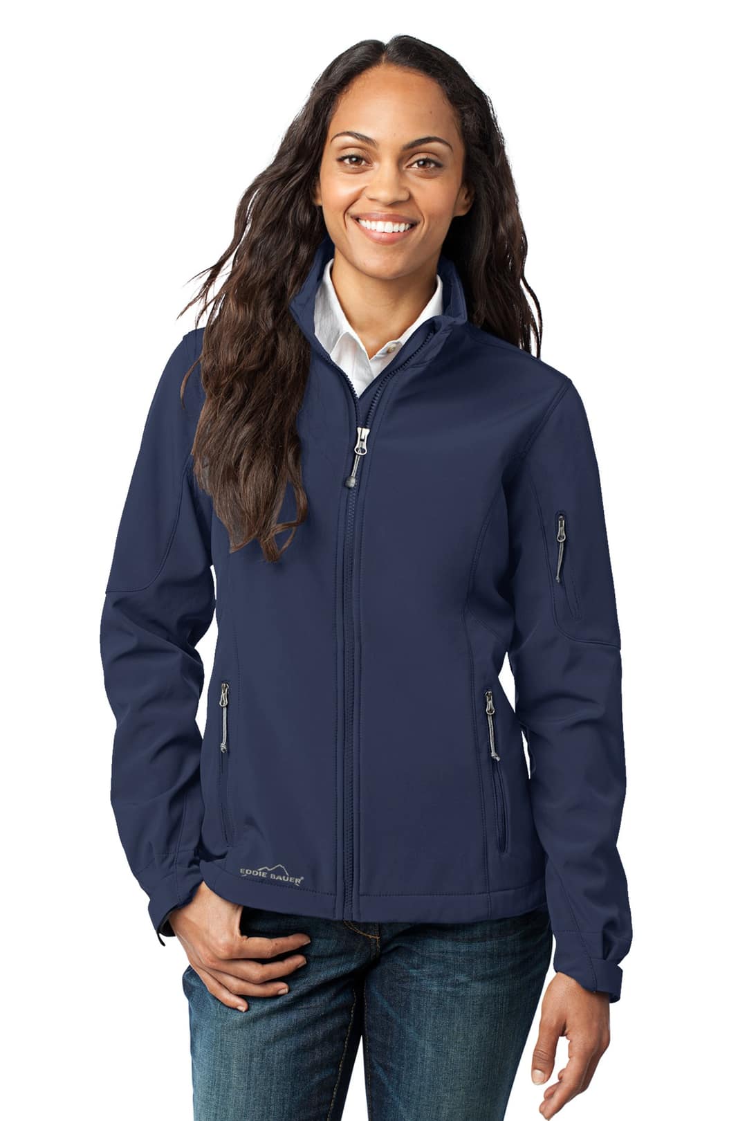 Eddie Bauer EB531 Women's Soft Shell Jacket in River Blue Navy, on model
