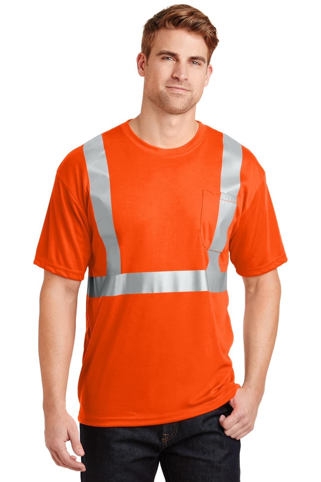 CornerStone CS401 ANSI 107 Class 2 Safety T-Shirt in Safety Orange/ Reflective, on model