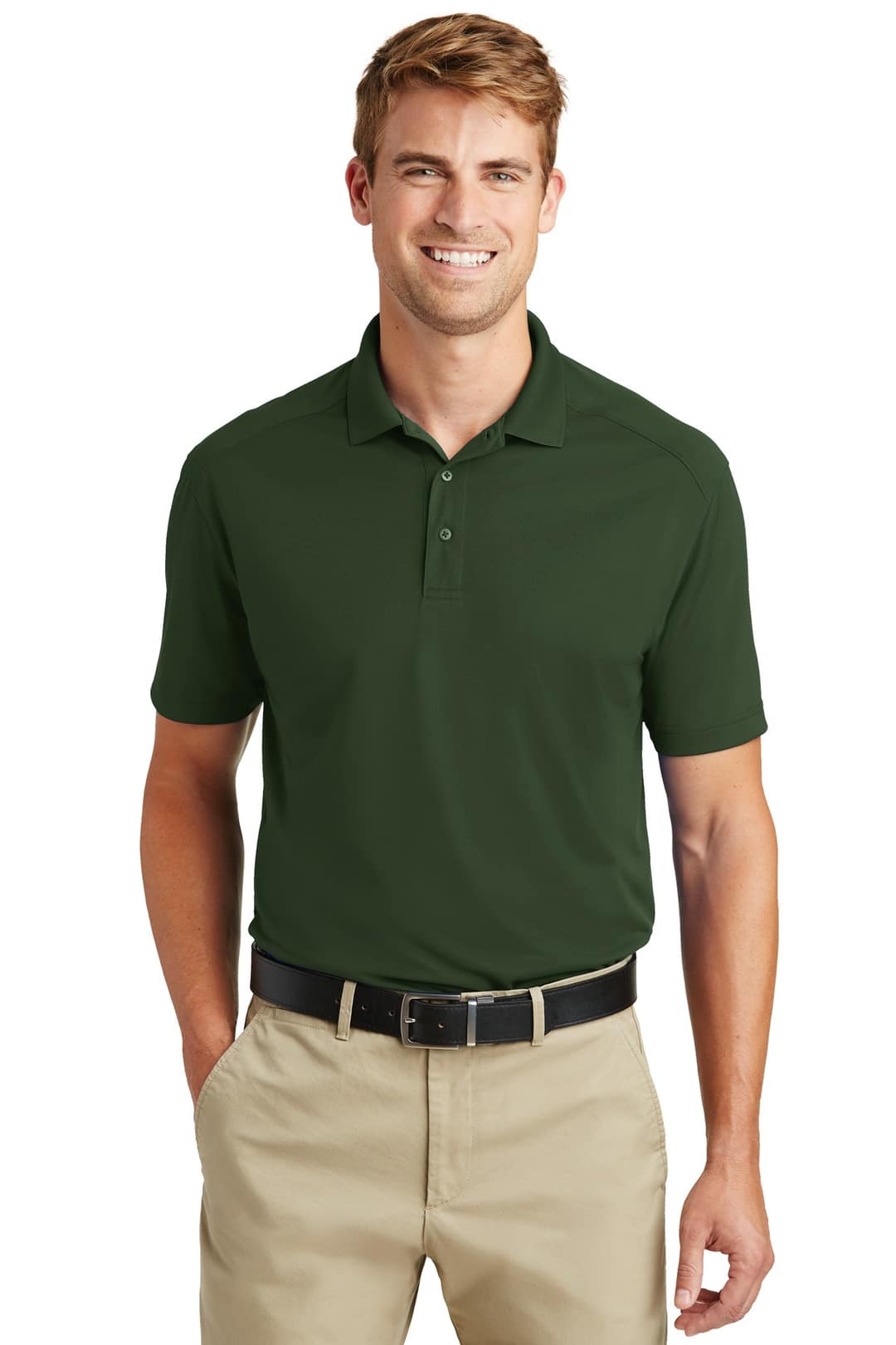 CornerStone CS418 Select Lightweight Snag-Proof Polo in Dark Green, on model
