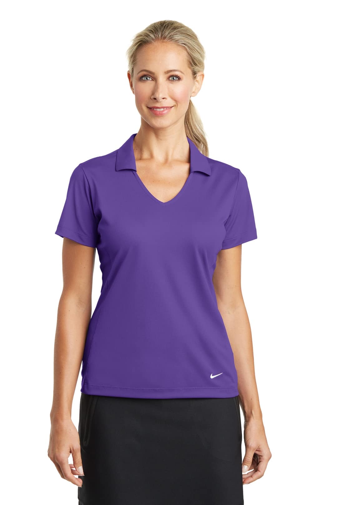 Nike 637165 Women's Dri-FIT Vertical Mesh Polo in Court Purple, on model