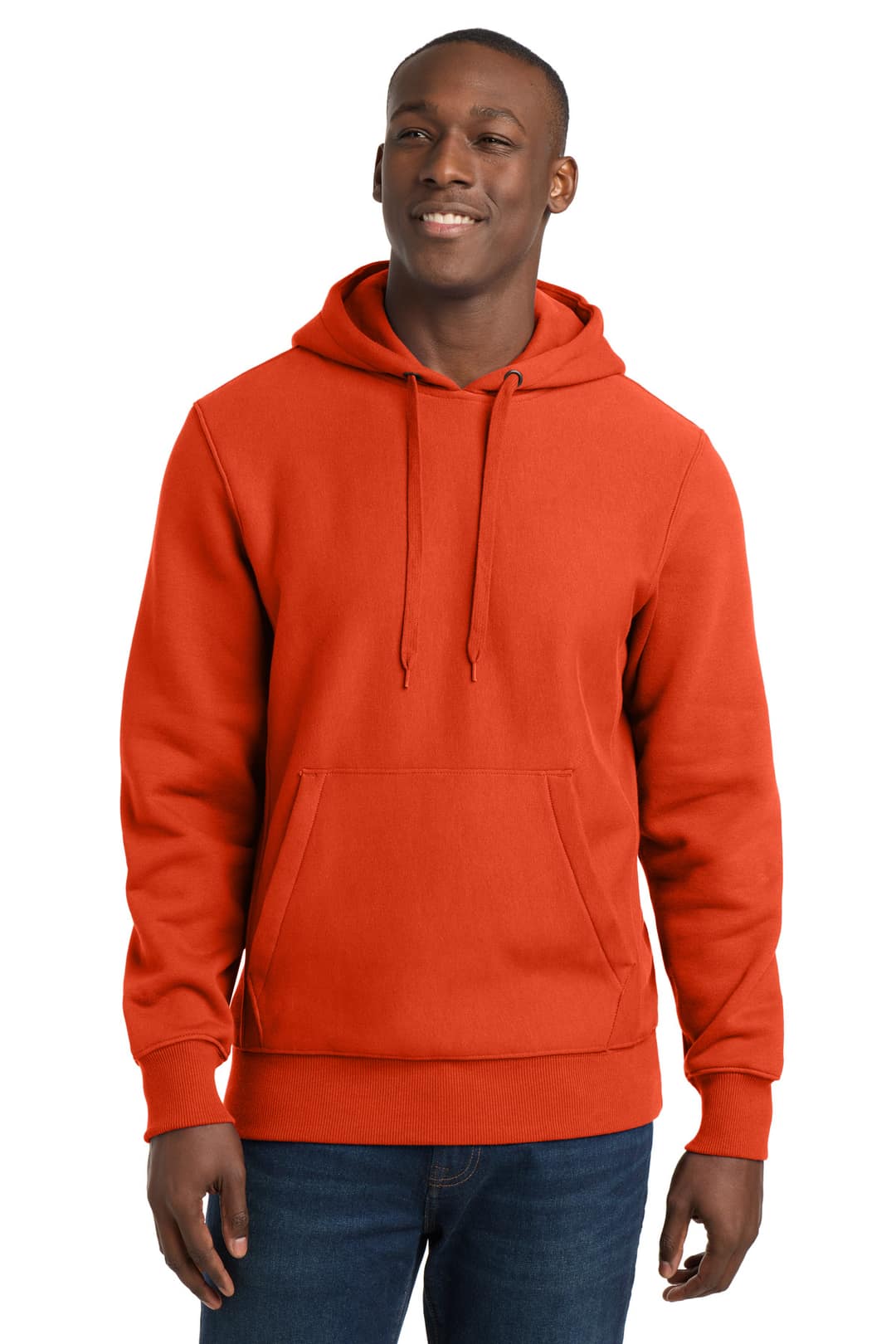 Sport-Tek F281 Super Heavyweight Pullover Hooded Sweatshirt in Orange, on model