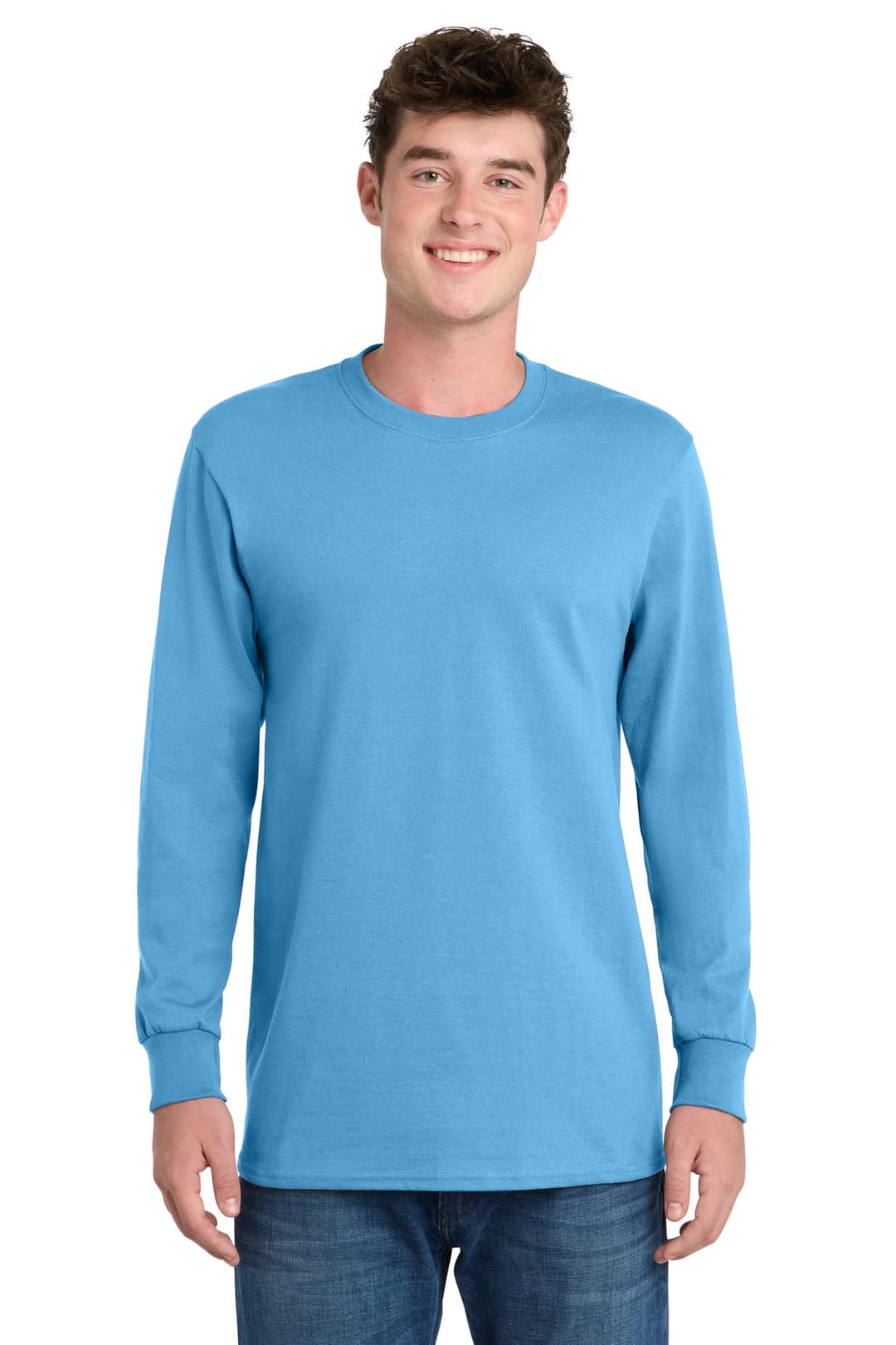Port & Company PC61LS Long Sleeve Essential Tee in Aquatic Blue, on model