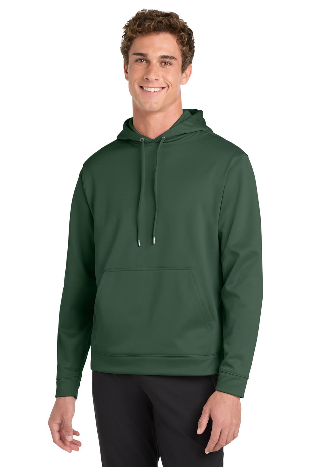 Sport-Tek F244 Sport-Wick Fleece Hooded Pullover in Forest Green, on model