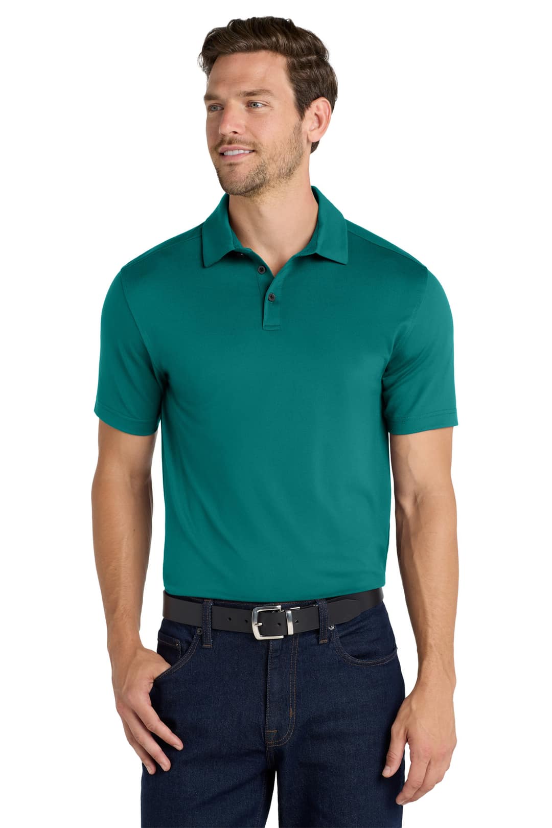 Port Authority K682 City Stretch Polo in Dark Teal, on model