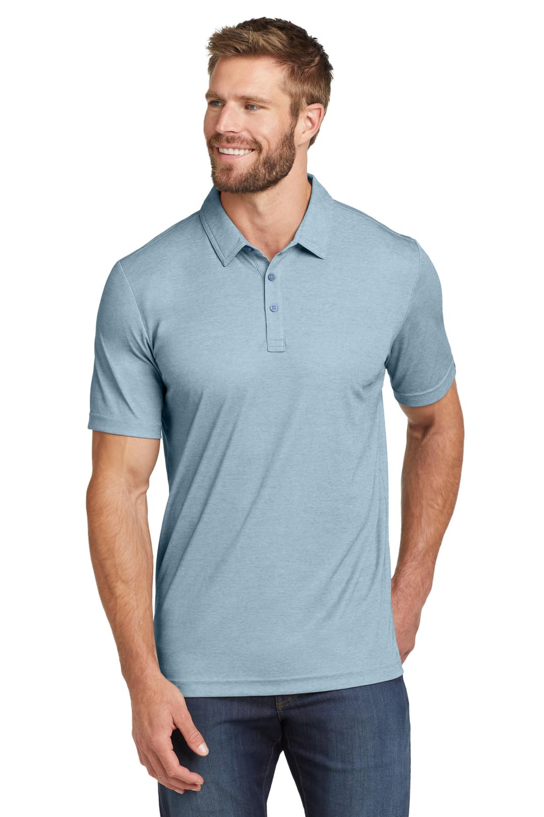 TravisMathew TM1MU412 Oceanside Heather Polo in Allure Heather, on model