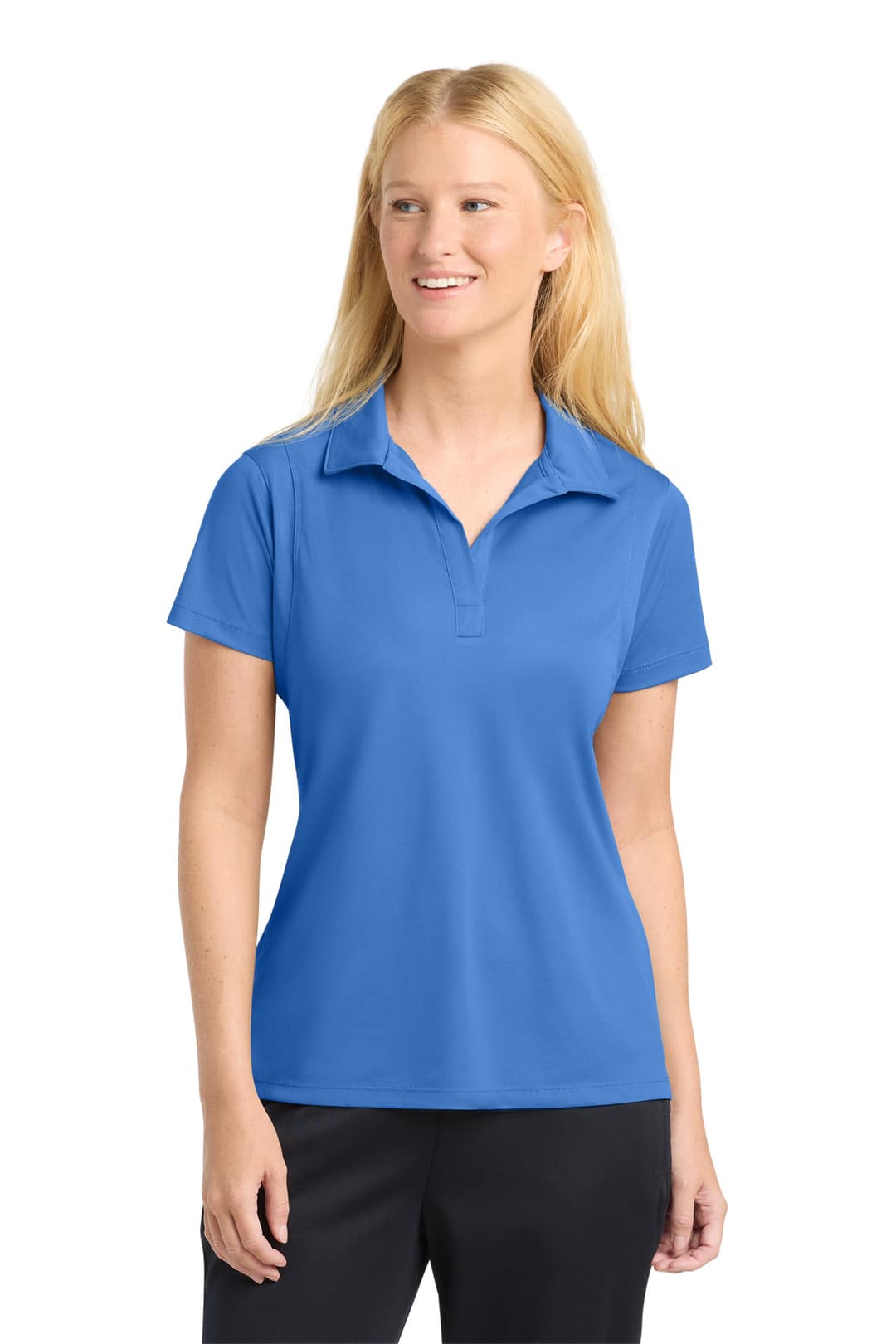 Sport-Tek LST650 Women's Micropique Sport-Wick Polo in Blue Lake, on model
