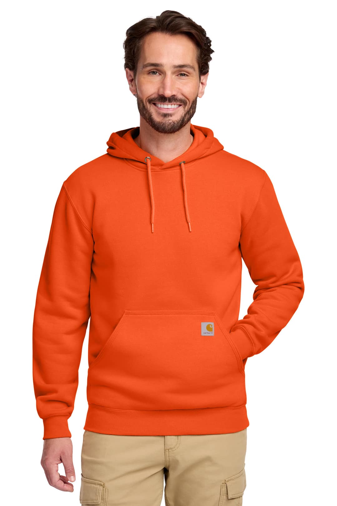 Carhartt CTK121 Midweight Hooded Sweatshirt in Brite Orange, on model