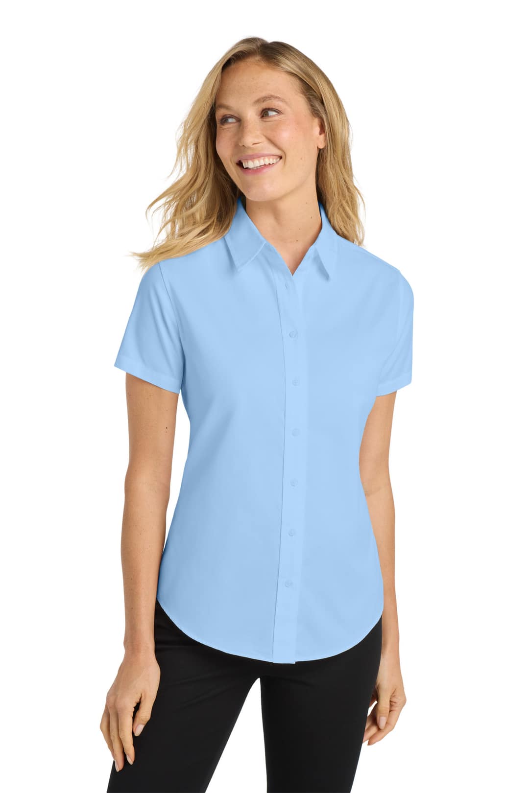 Port Authority L508 Women's Short Sleeve Easy Care Shirt in Light Blue/ Light Stone, on model