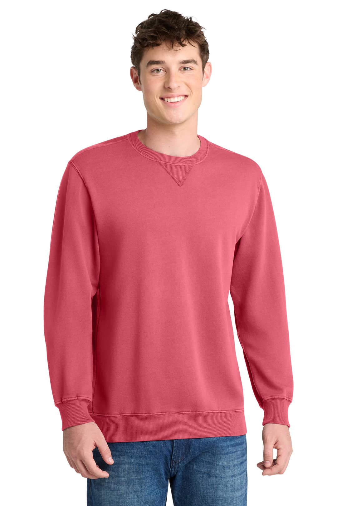 Port & Company PC098 Beach Wash Garment-Dyed Crewneck Sweatshirt in Fruit Punch, on model