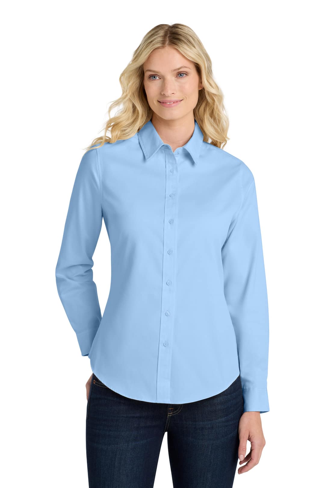 Port Authority L608 Women's Long Sleeve Easy Care Shirt in Light Blue/ Light Stone, on model