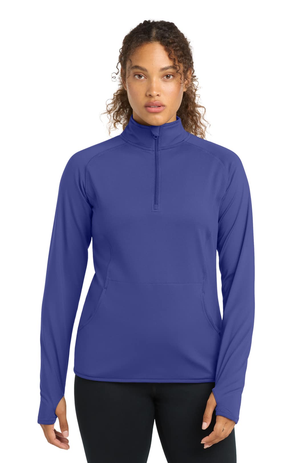 Sport-Tek LST850 Women's Sport-Wick Stretch 1/4-Zip Pullover in Iris Purple, on model