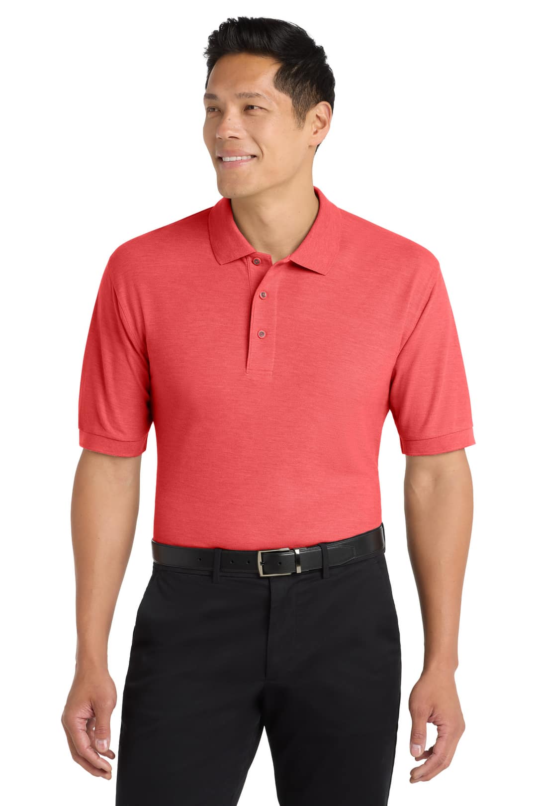 Port Authority K500 Silk Touch Polo in Hibiscus, on model