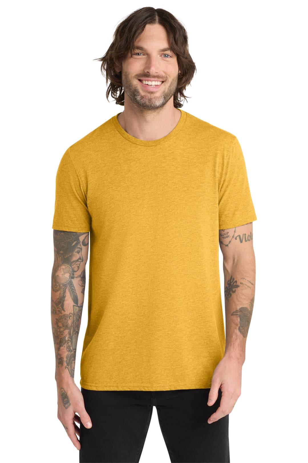 Allmade AL2004 Unisex Tri-Blend Tee in Suncatcher Gold, on model