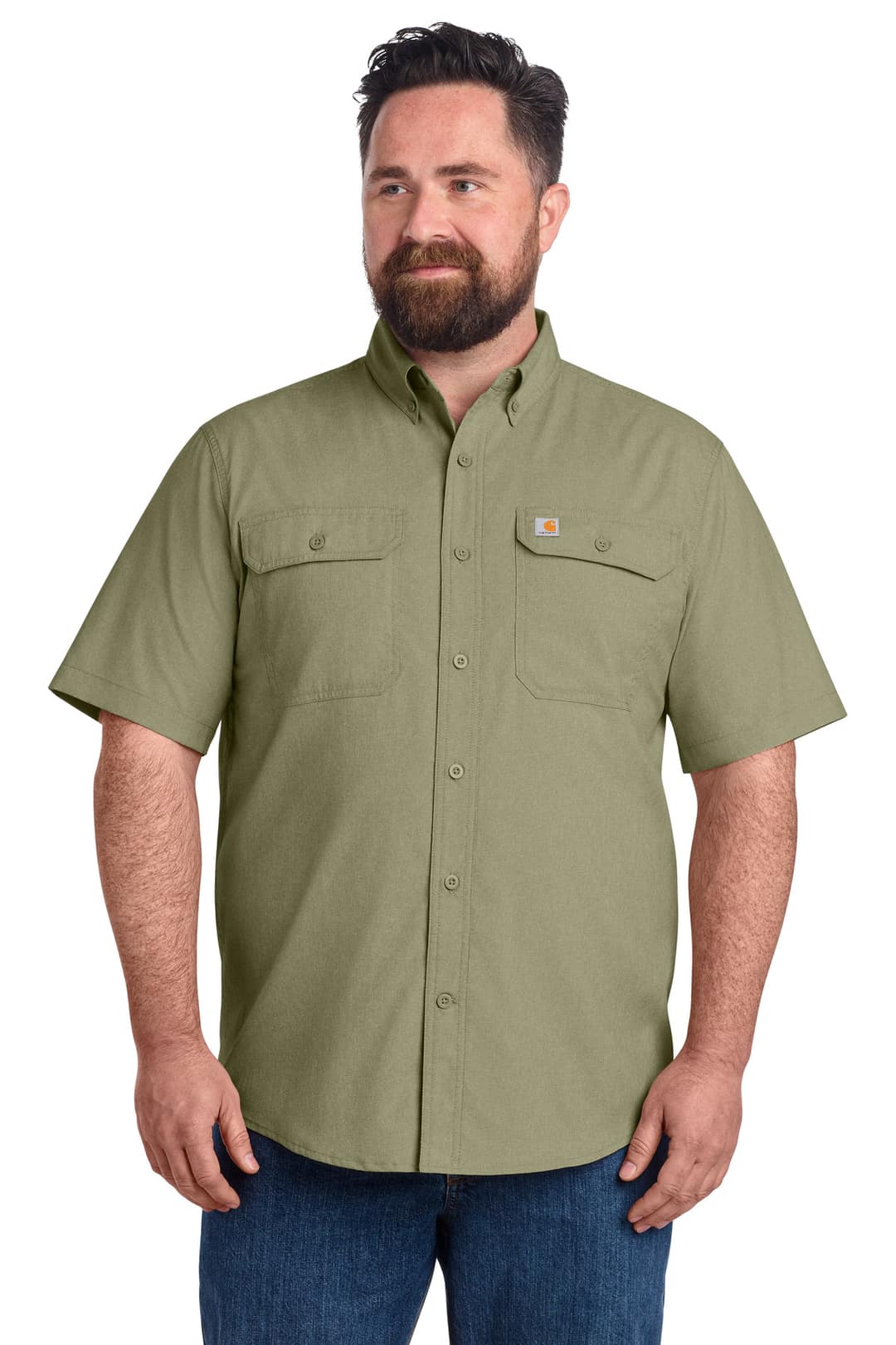Carhartt CT105292 Force Solid Short Sleeve Shirt in Burnt Olive, on model