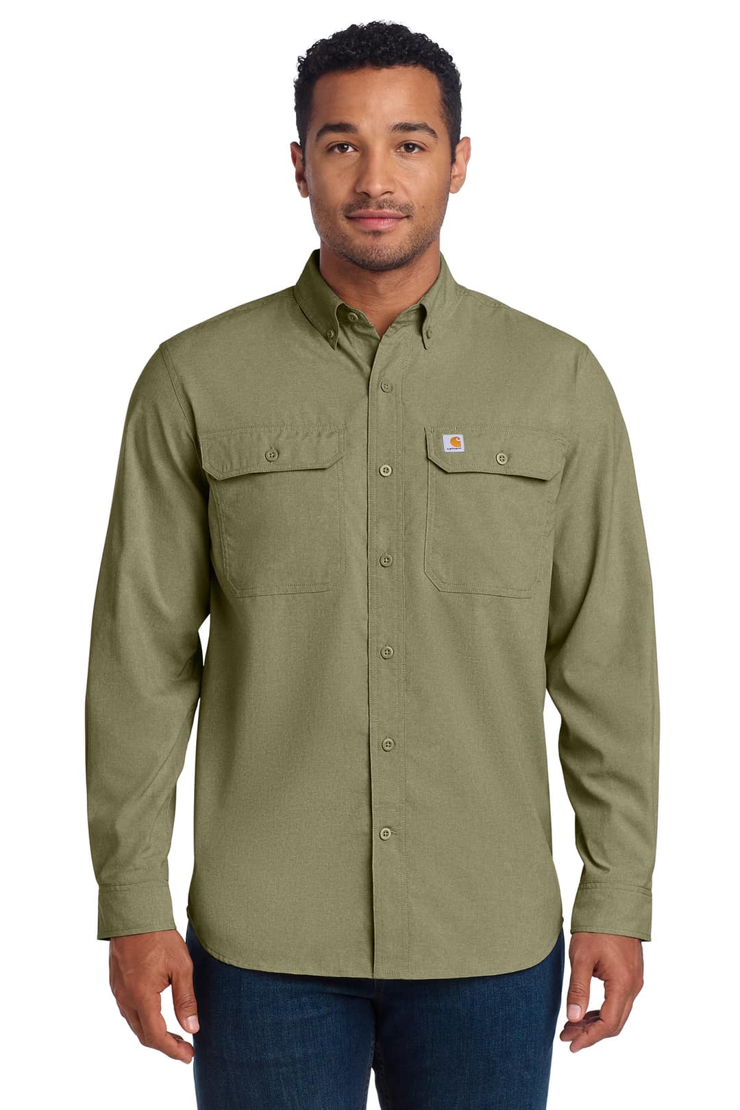 Carhartt CT105291 Force Solid Long Sleeve Shirt in Burnt Olive, on model