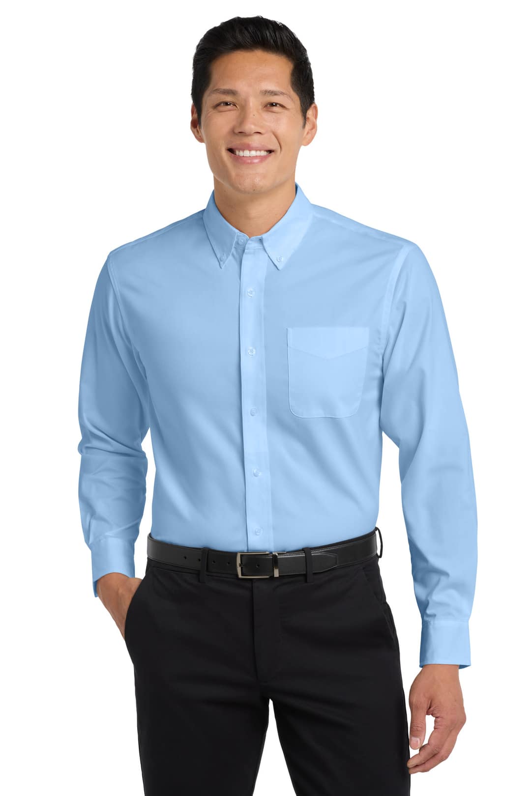Port Authority S608 Long Sleeve Easy Care Shirt in Light Blue/ Light Stone, on model