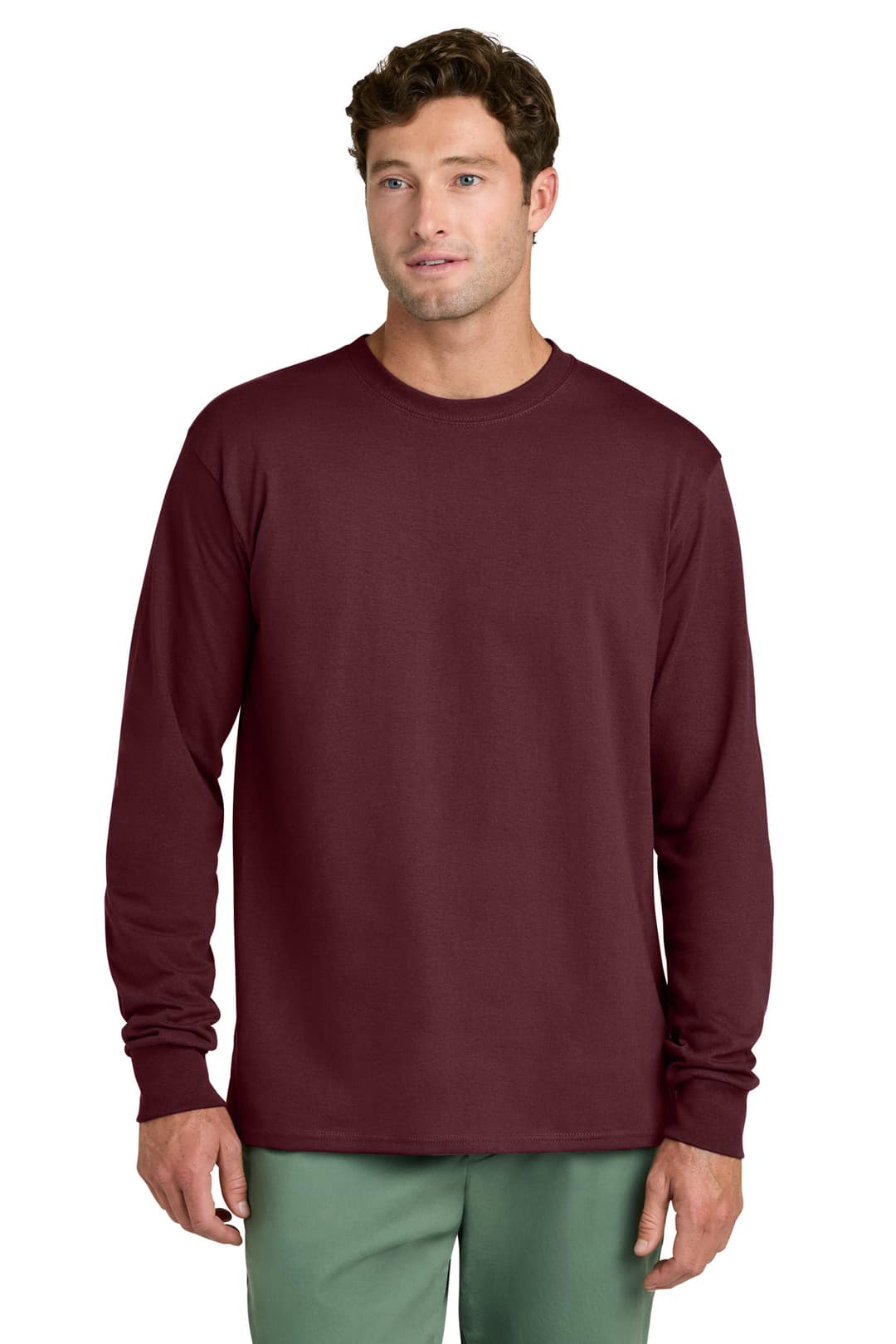 Port & Company PC54LS Long Sleeve Core Cotton Tee in Athletic Maroon, on model