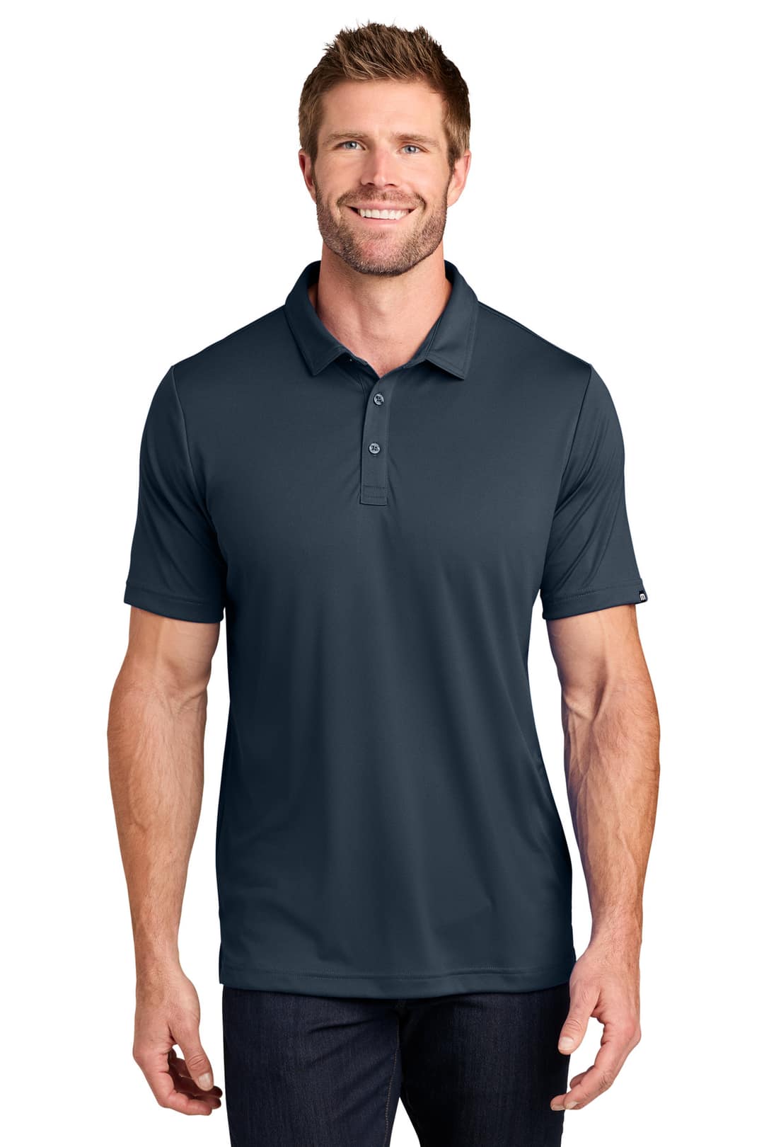 TravisMathew TM1MU410 Coto Performance Polo in Blue Nights, on model