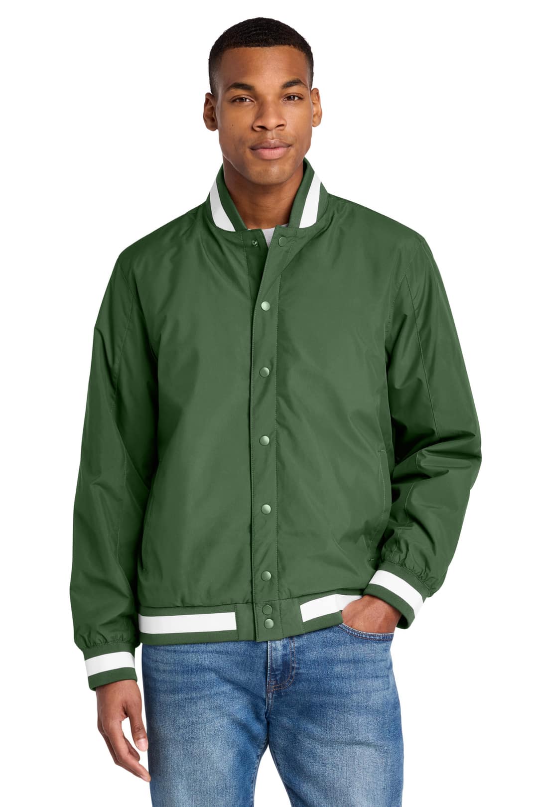 Sport-Tek JST58 Insulated Varsity Jacket in Forest Green, on model