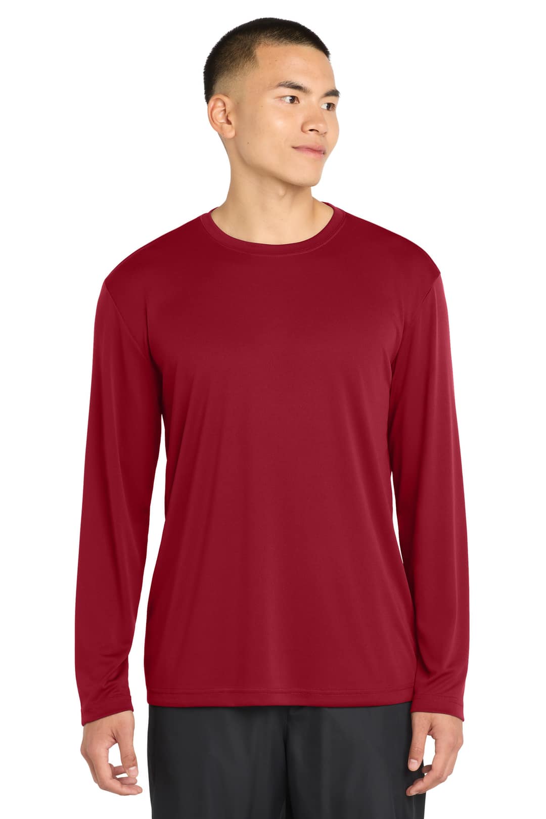 Sport-Tek ST350LS Long Sleeve PosiCharge Competitor Tee in Deep Red, on model
