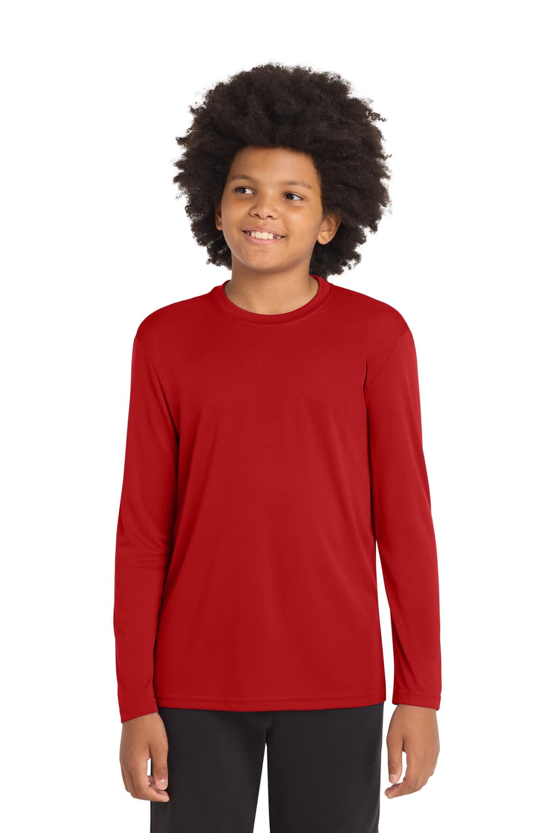 Sport-Tek YST350LS Youth Long Sleeve PosiCharge Competitor Tee in Deep Red, on model