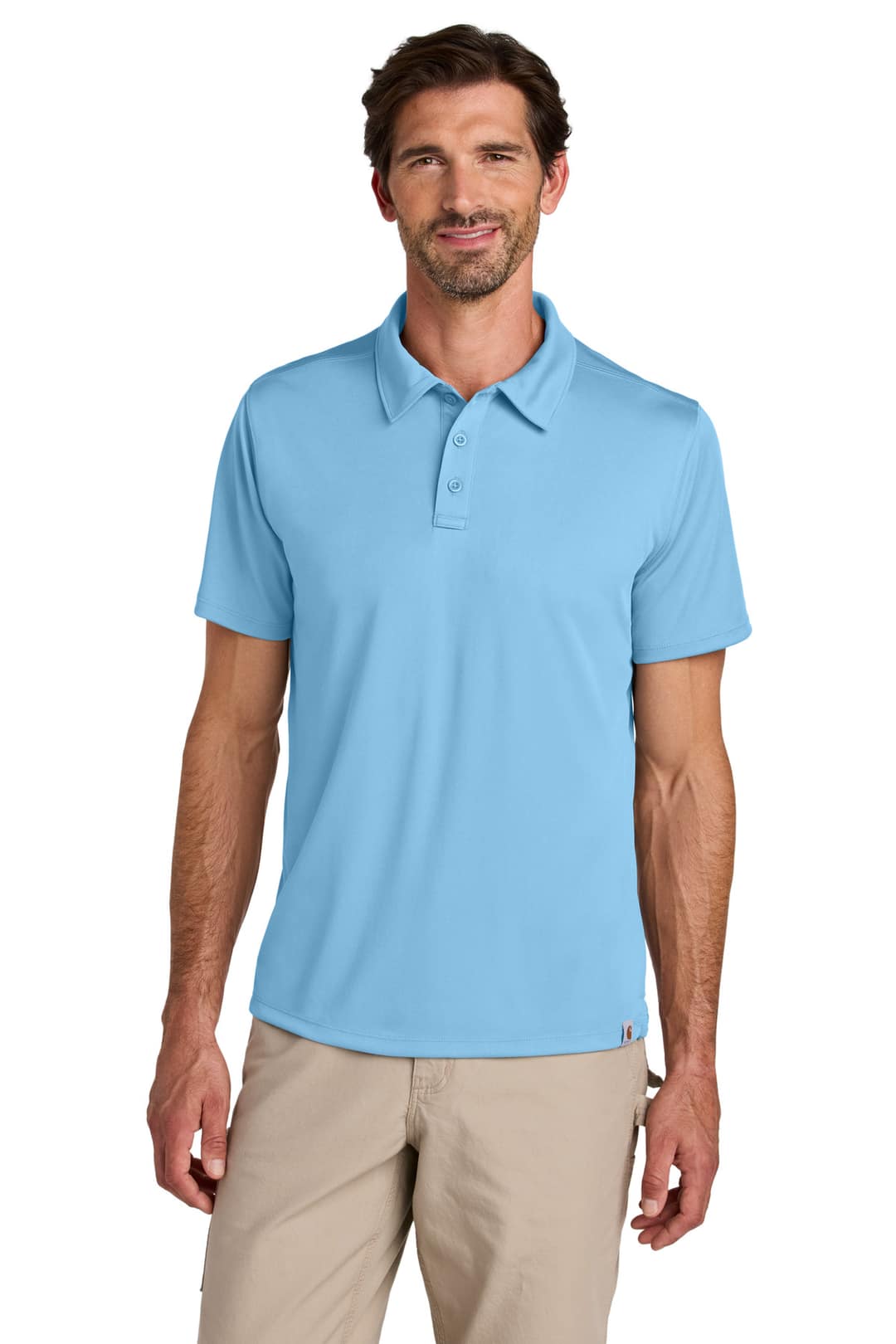 Carhartt CT106899 Force Sun Defender Polo in Fresh Water Blue, on model