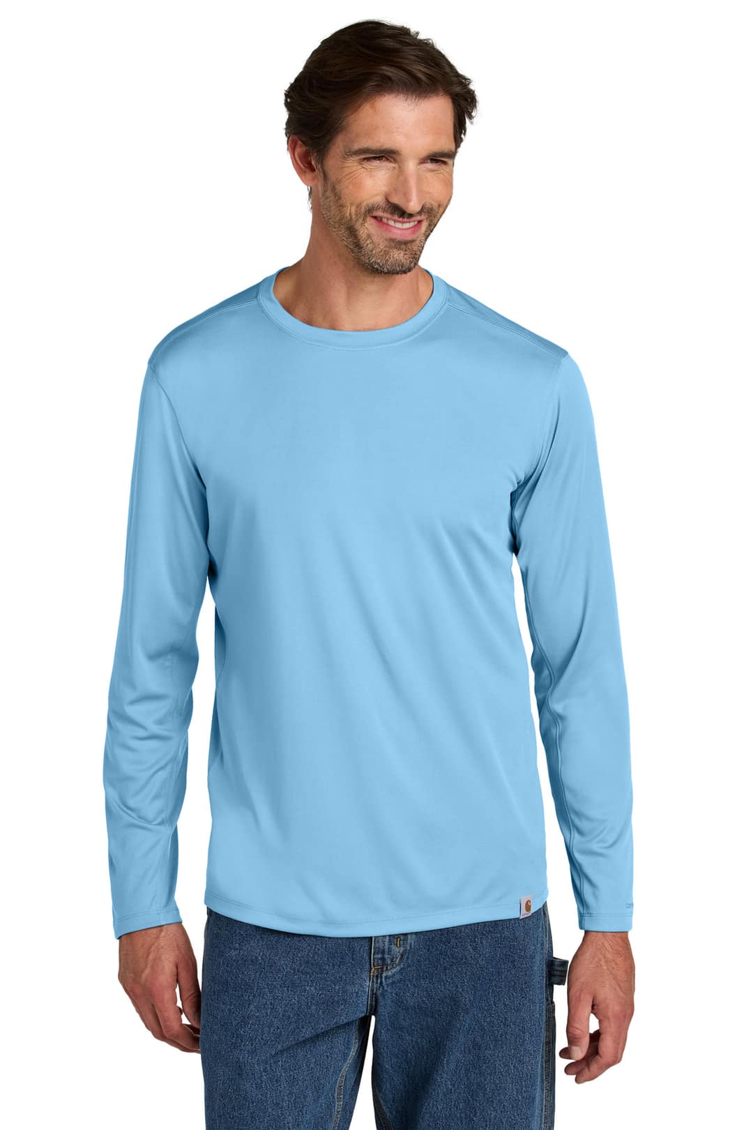 Carhartt CT106972 Force Sun Defender Long Sleeve T-Shirt in Fresh Water Blue, on model
