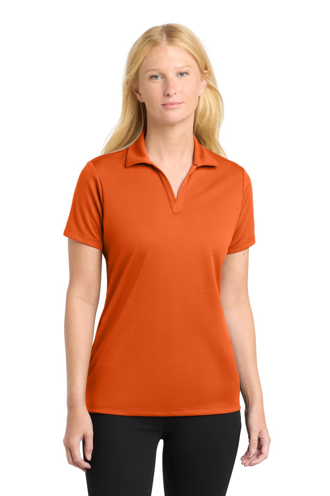 Sport-Tek LST640 Women's PosiCharge RacerMesh Polo in Deep Orange, on model