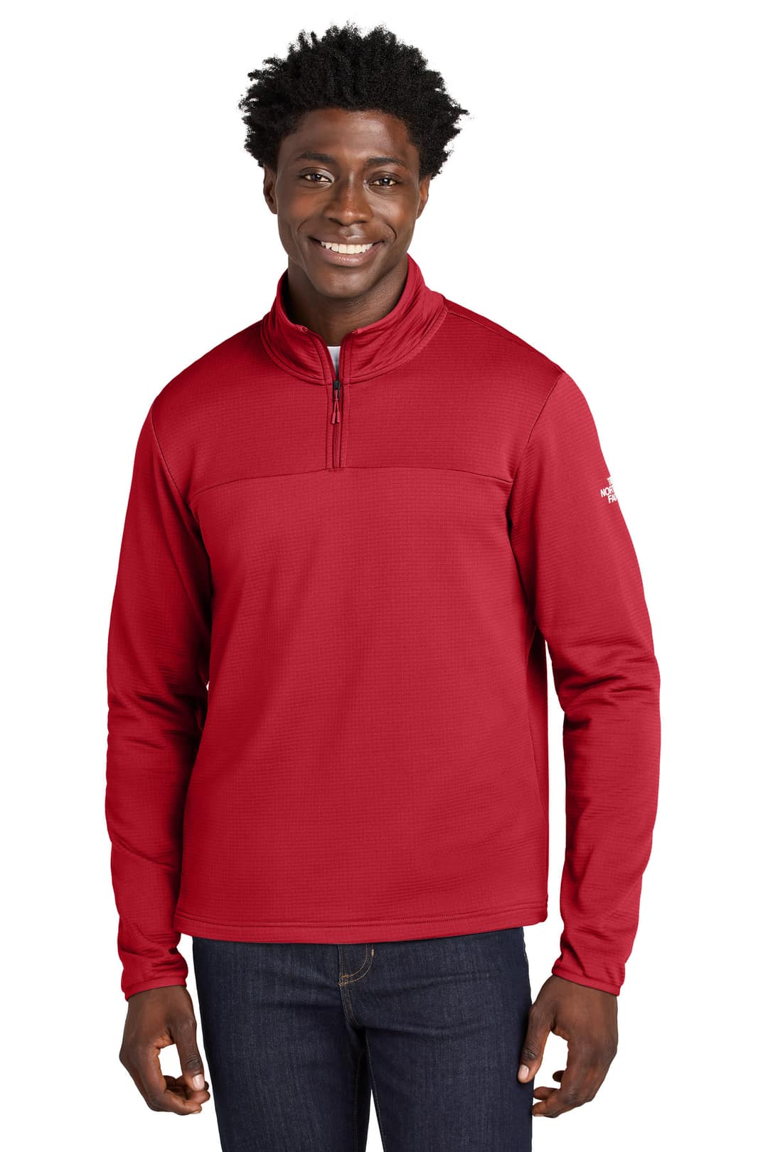 The North Face NF0A8ENJ Aim 1/4-Zip Fleece in TNF Red, on model