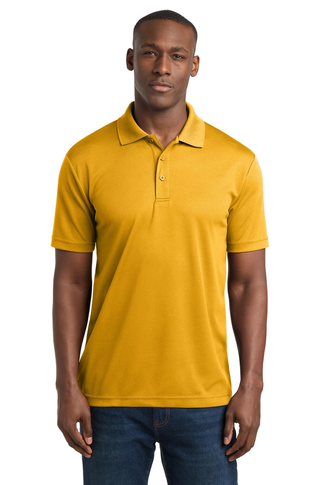Sport-Tek ST640 PosiCharge RacerMesh Polo in Gold, on model