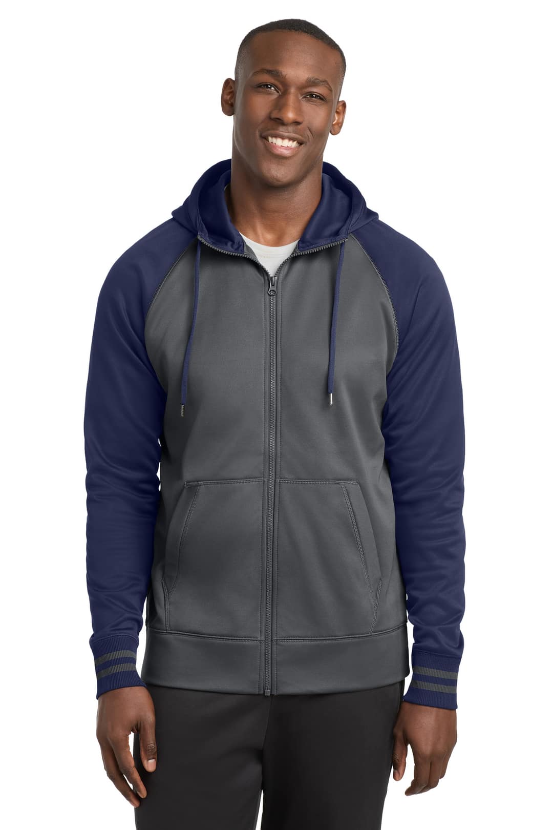 Sport-Tek ST236 Sport-Wick Varsity Fleece Full-Zip Hooded Jacket in Dark Smoke Grey/ Navy, on model