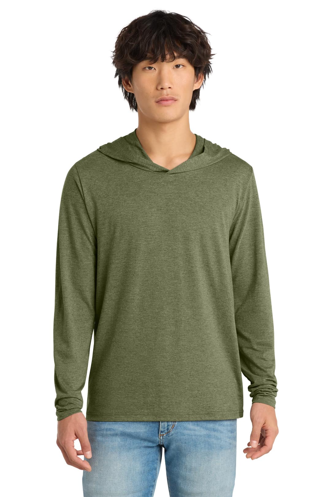 District DM139 Perfect Tri Long Sleeve Hoodie in Military Green Frost, on model