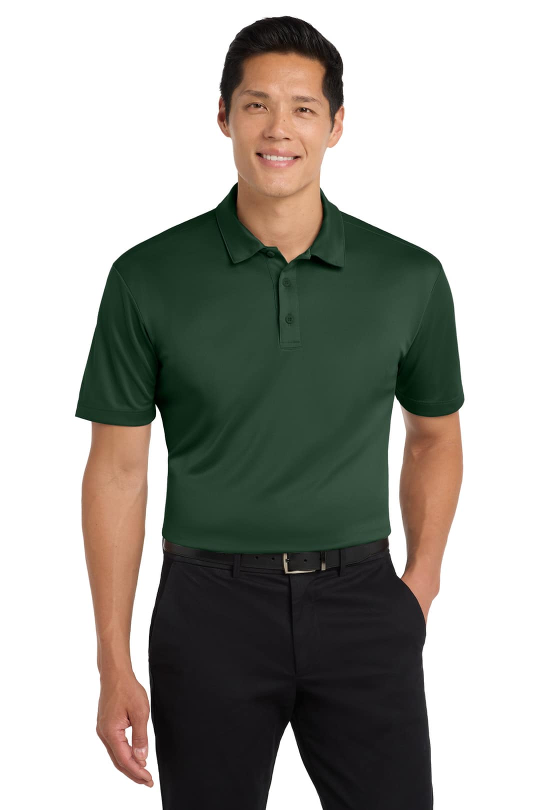 Port Authority K540 Silk Touch Performance Polo in Dark Green, on model
