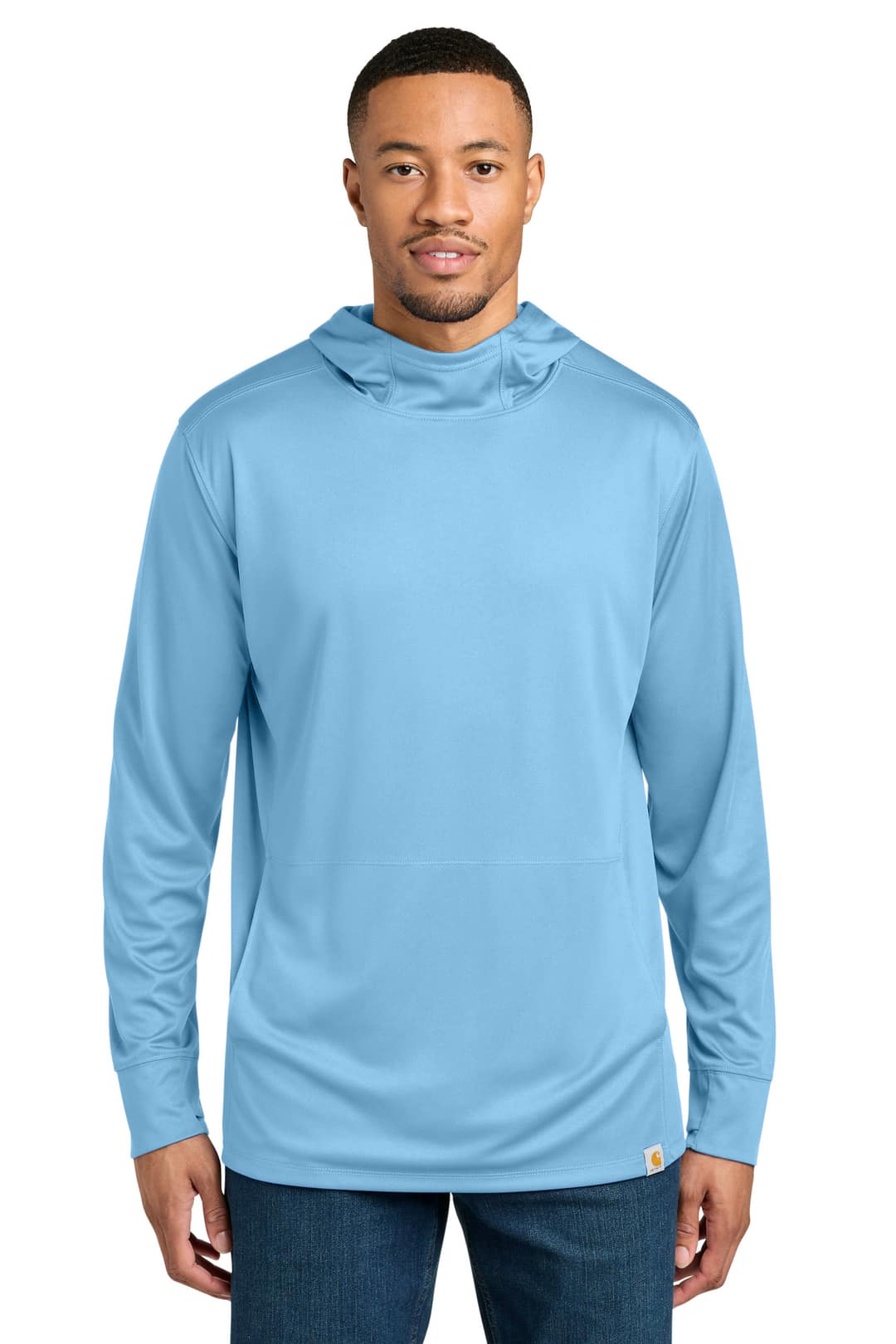 Carhartt CT106923 Force Sun Defender Long Sleeve Hooded T-Shirt in Fresh Water Blue, on model