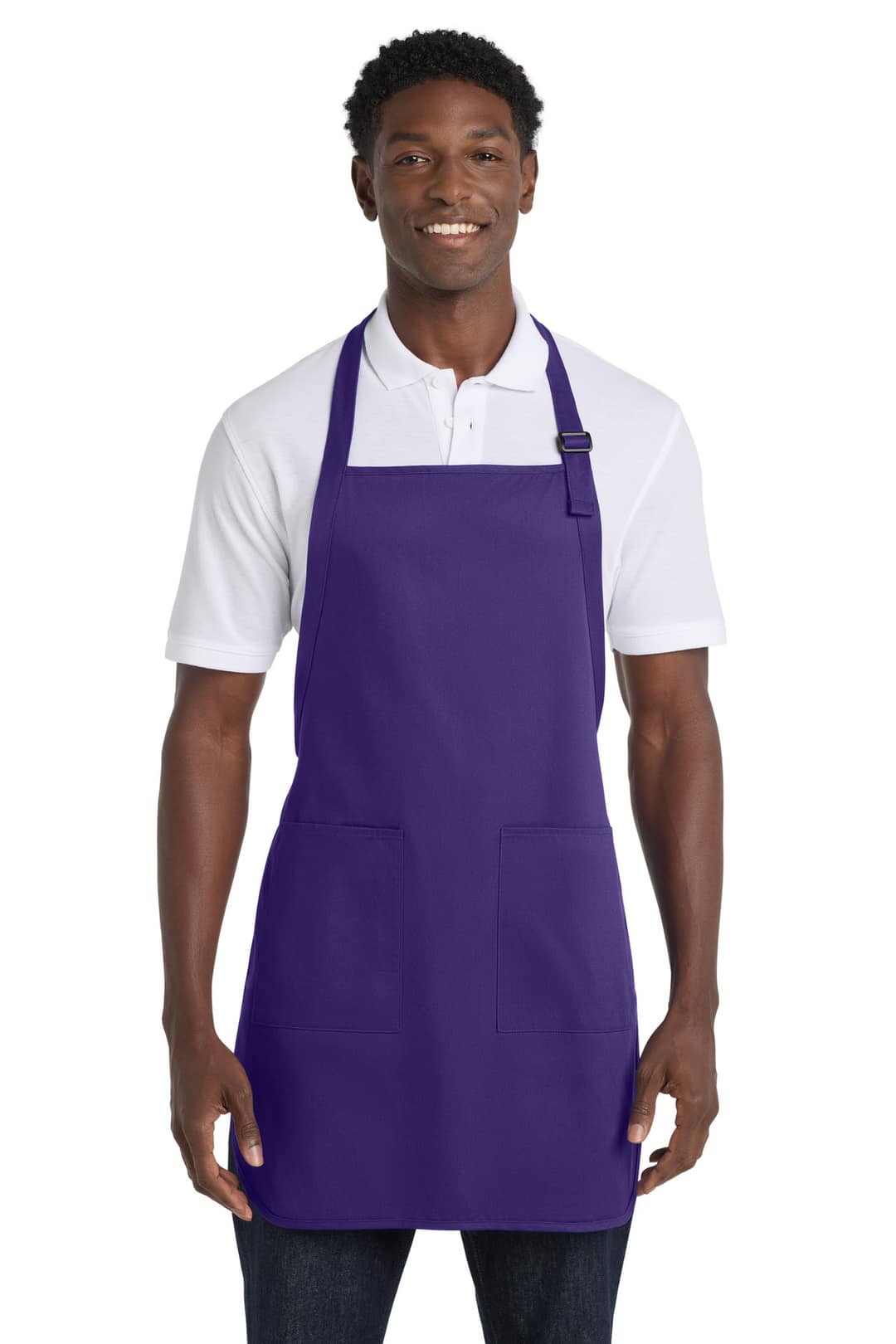 Port Authority A500 Full-Length Apron with Pockets in Prism Purple, on model