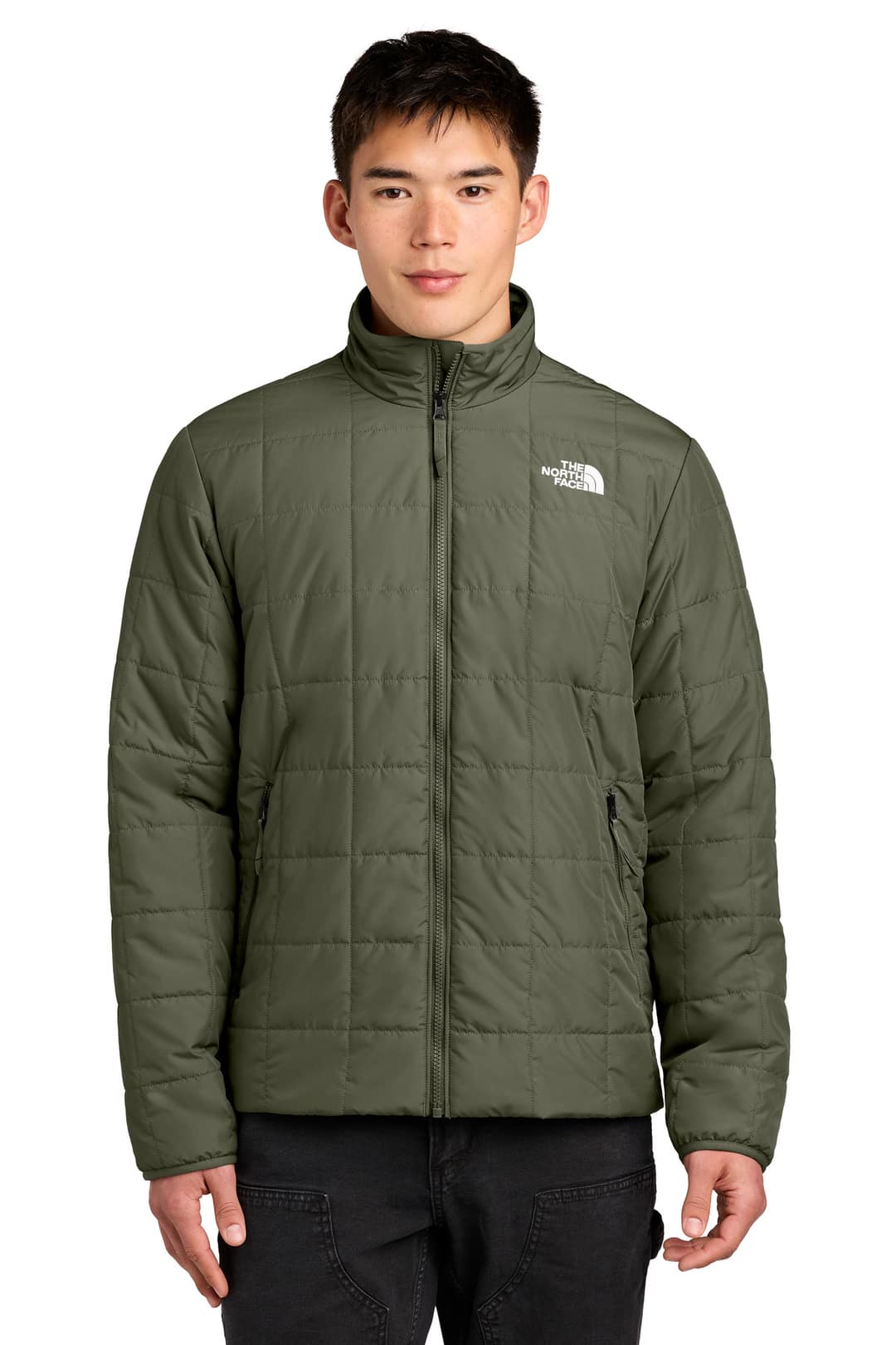The North Face NF0A8JEV Iron Drift Quilted Jacket in New Taupe Green, on model