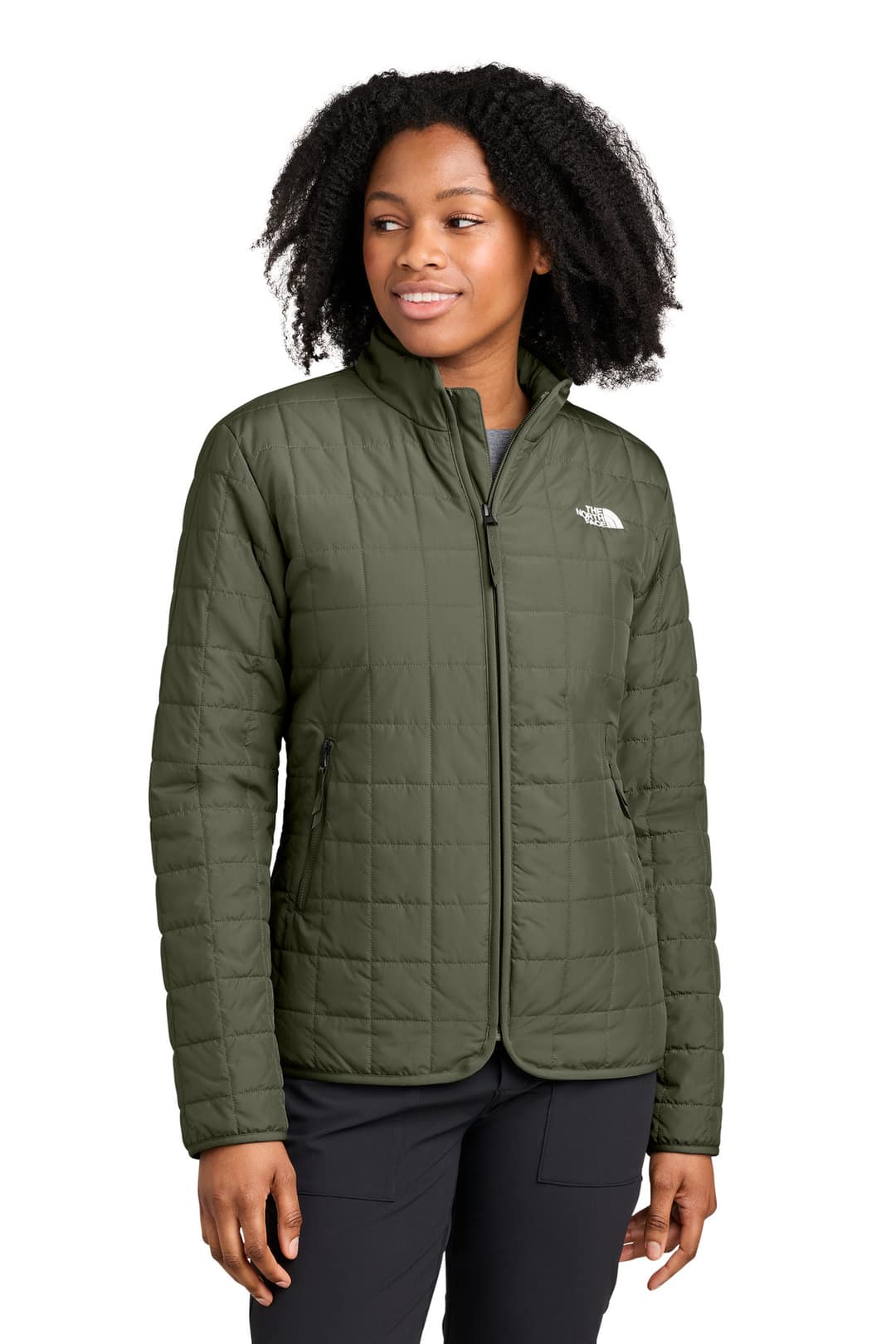 The North Face NF0A8JEZ Women's Iron Drift Quilted Jacket in New Taupe Green, on model