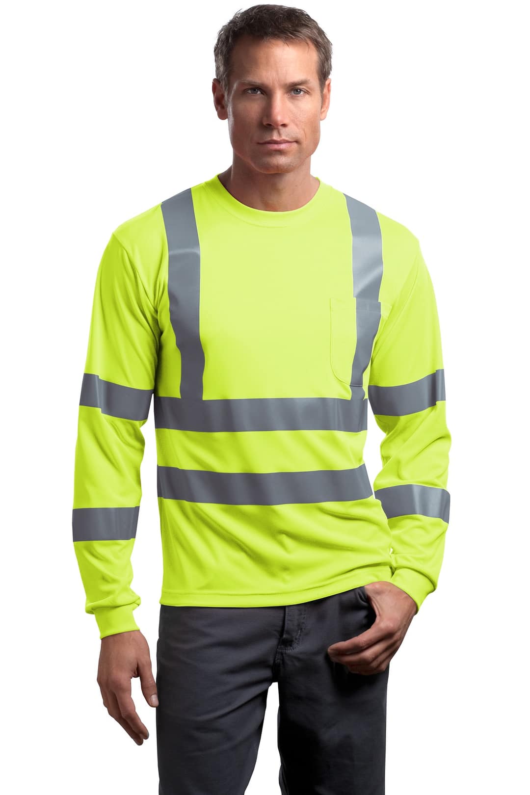 CornerStone CS409 ANSI 107 Class 3 Long Sleeve Snag-Resistant Reflective T-Shirt in Safety Yellow, on model
