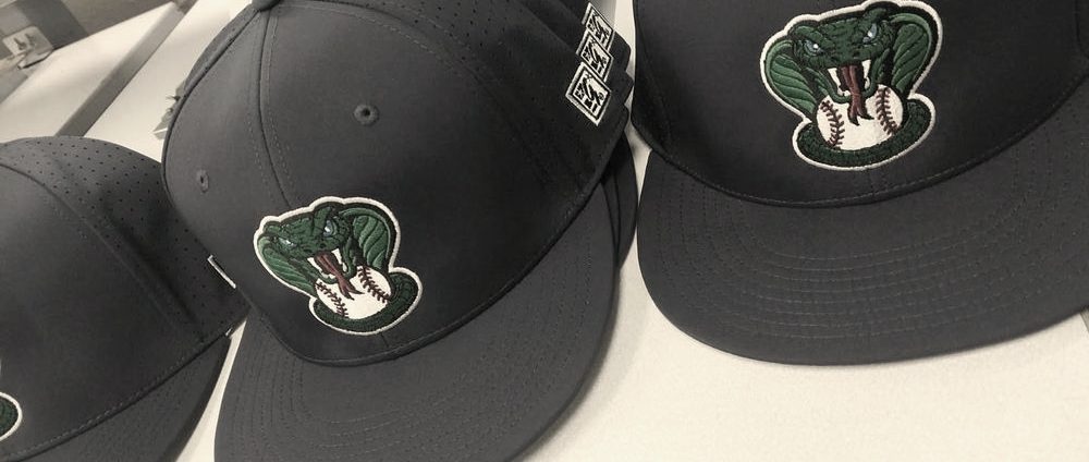 Navy fitted caps with a green snake-and-baseball team logo