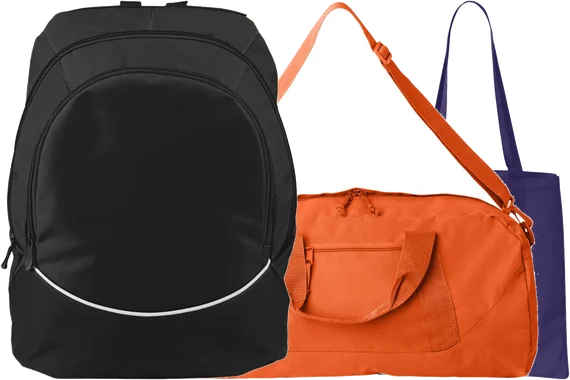 A black backpack, an orange duffel and a purple tote