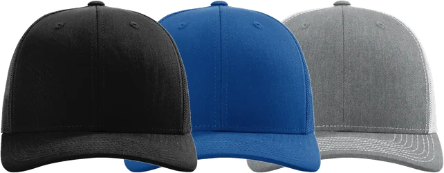 Trucker caps in black, royal blue and grey
