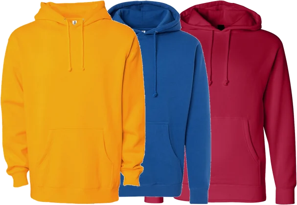 Heavyweight hoodies in gold, royal blue and red