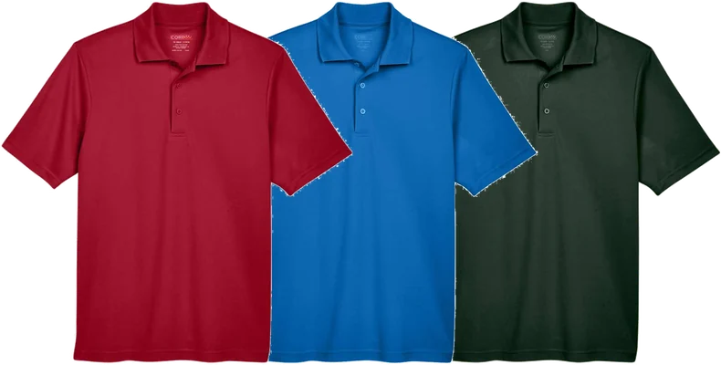 Performance polos in red, royal blue and forest green