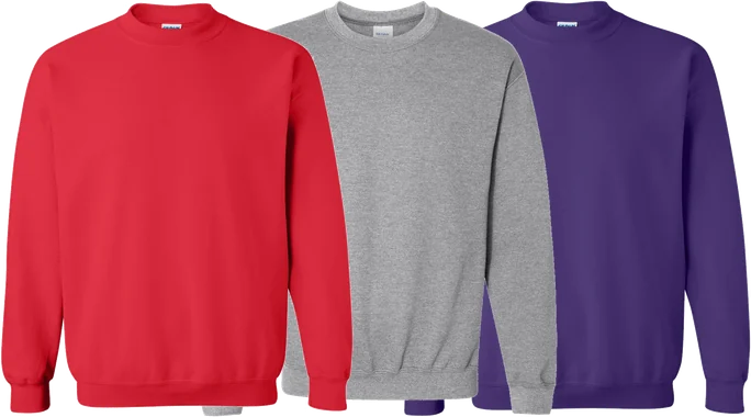 Crewneck sweatshirts in red, grey and purple