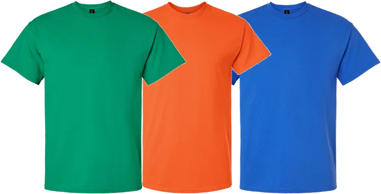 T-shirts in kelly green, orange and royal blue