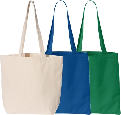 Canvas tote bags in natural, royal blue and green