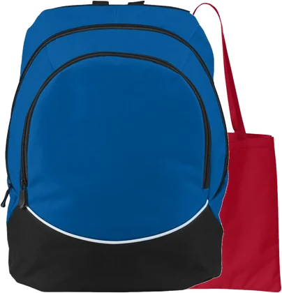 A royal blue backpack and a red tote