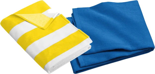 Folded beach towels in yellow stripes and royal blue